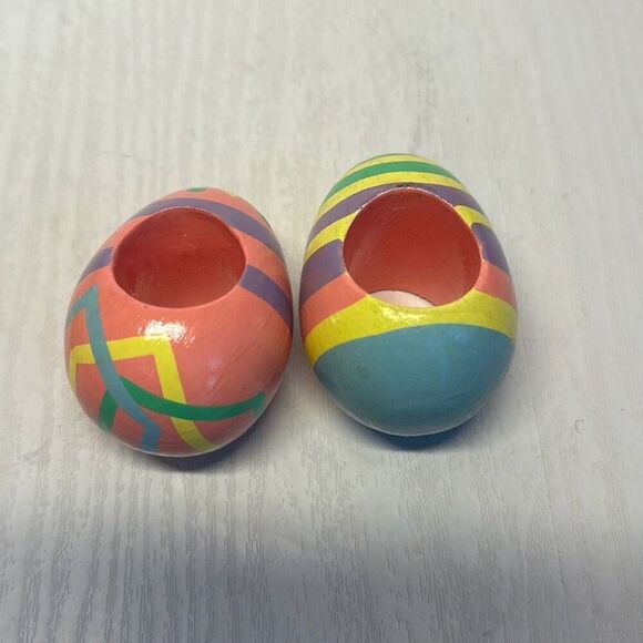 Vintage Hand-painted Wooden Easter Egg Napkin Rings Pastel lot of 6 Pink Blue - Picture 4 of 6